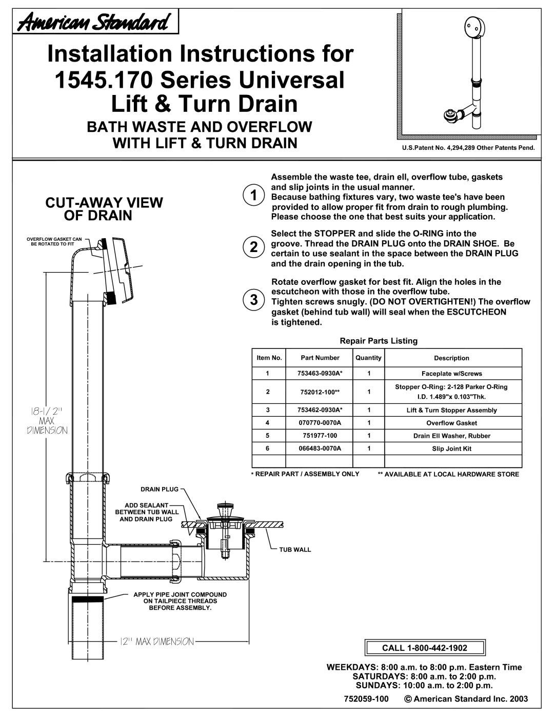 American Standard 1545.17 manual 