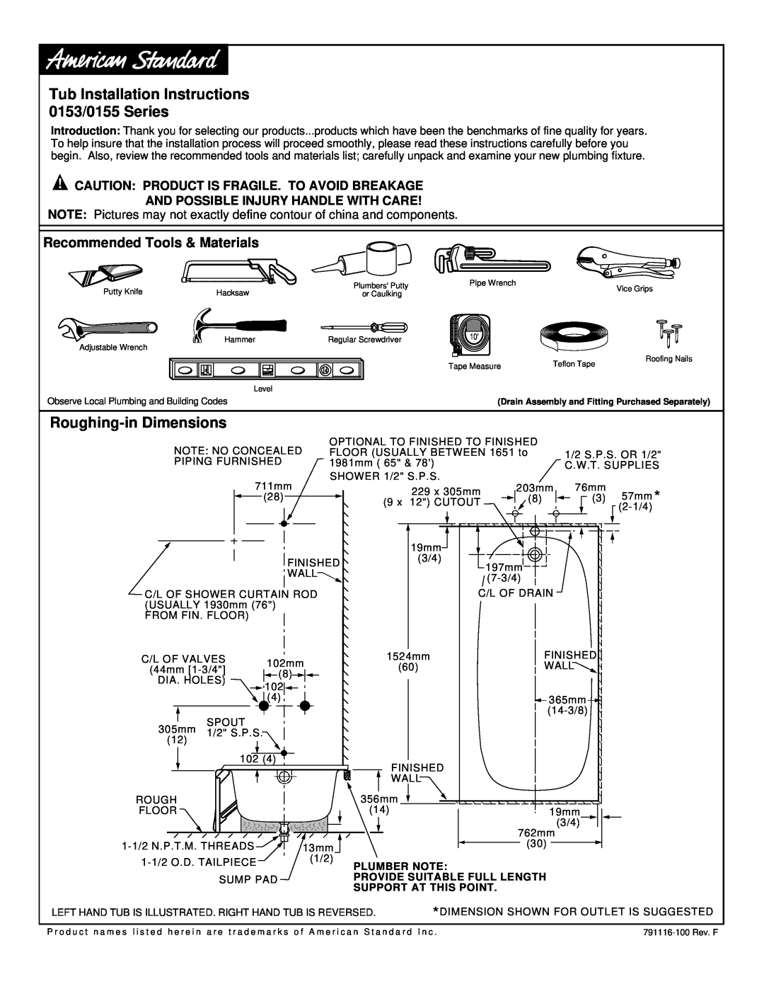 American Standard installation instructions Tub Installation Instructions 0153/0155 Series, Roughing-inDimensions 