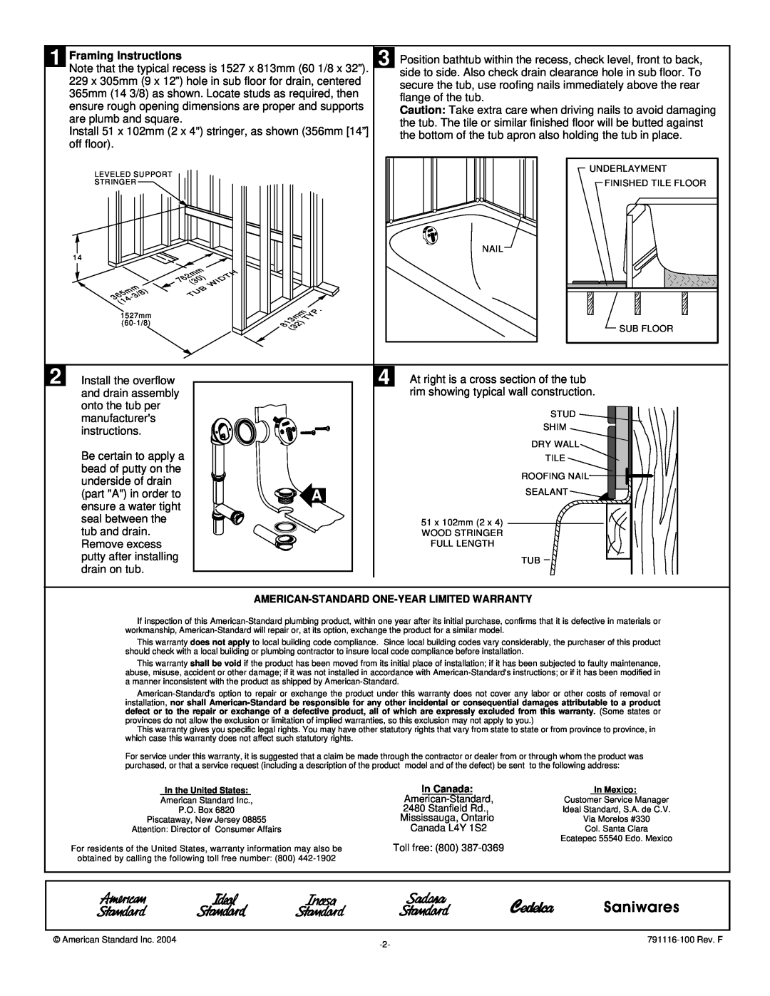 American Standard 155, 153 installation instructions Saniwares, Framing Instructions 