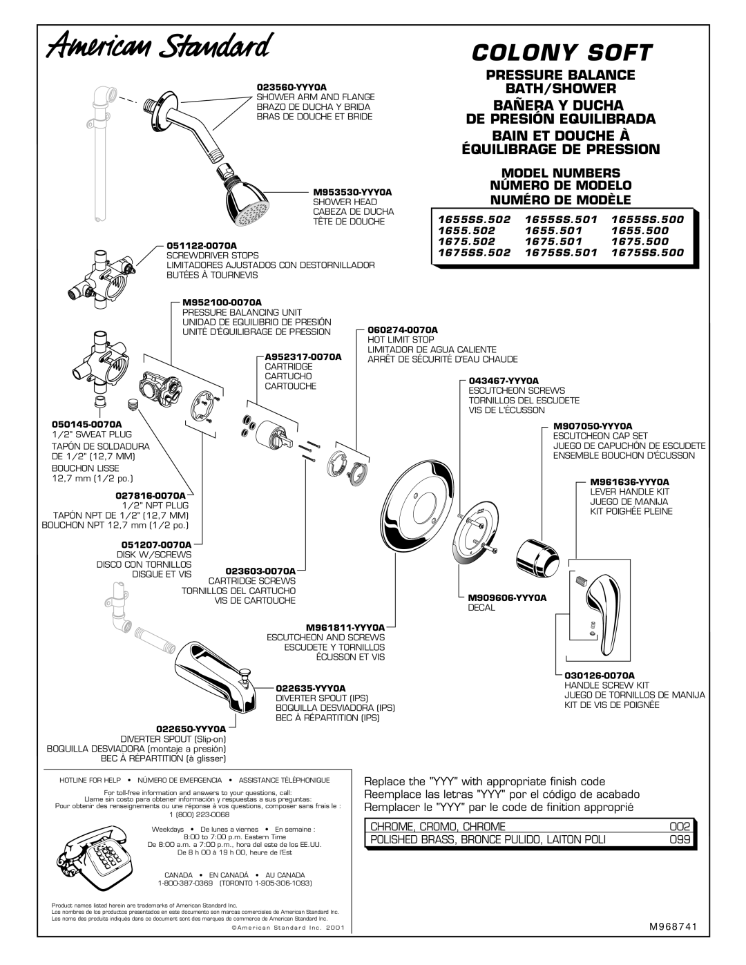 American Standard 1655SS.500, 1655SS.502, 1655SS.501 manual Colony Soft, Model Numbers Número DE Modelo Numéro DE Modèle 