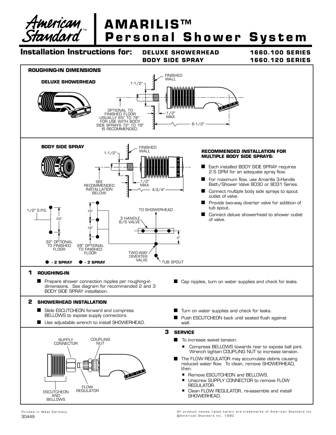 American Standard 1660.100 Series installation instructions Deluxe Showerhead, Body Side Spray, Roughing-In, Service 