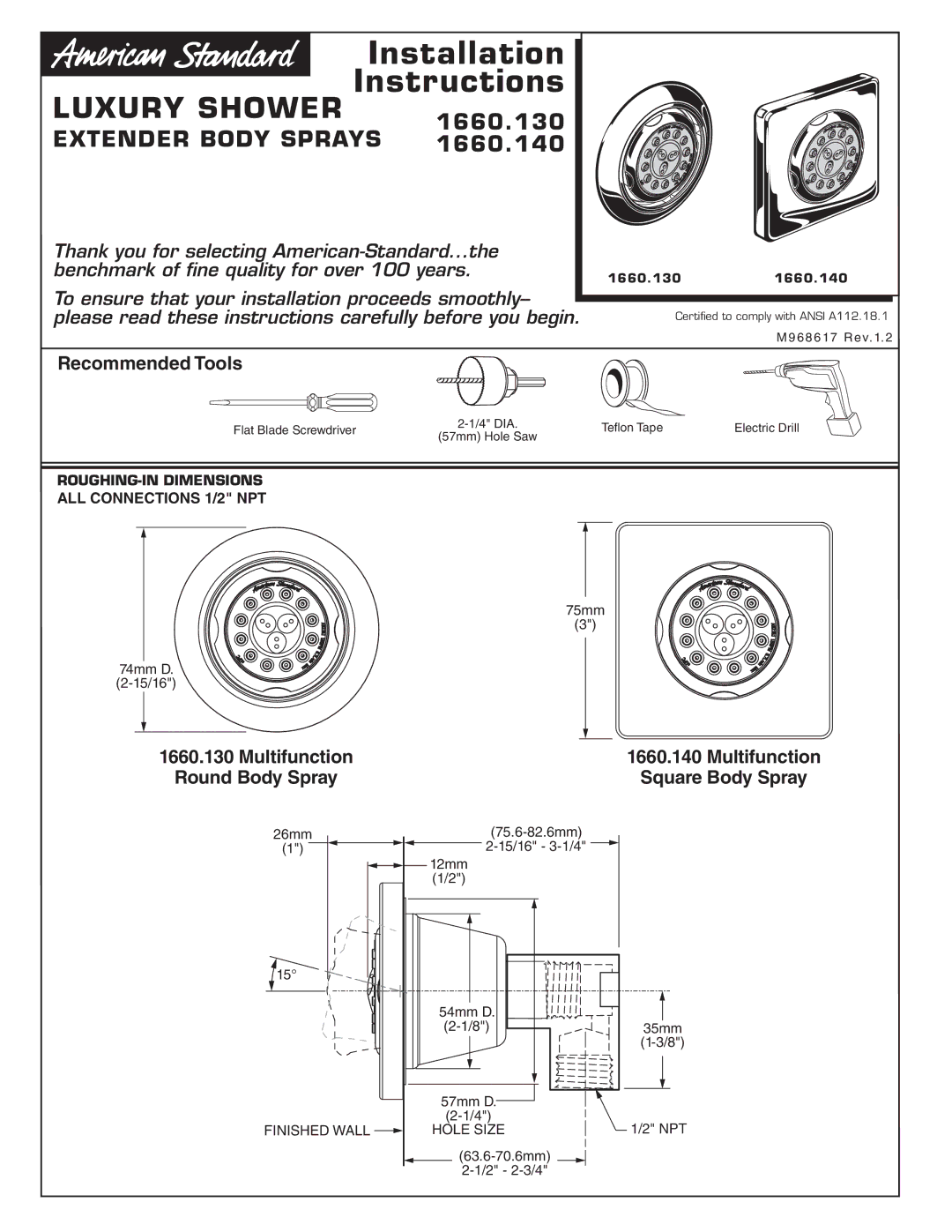 American Standard 1660.13, 1660.14 installation instructions Installation Instructions, ROUGHING-IN Dimensions 