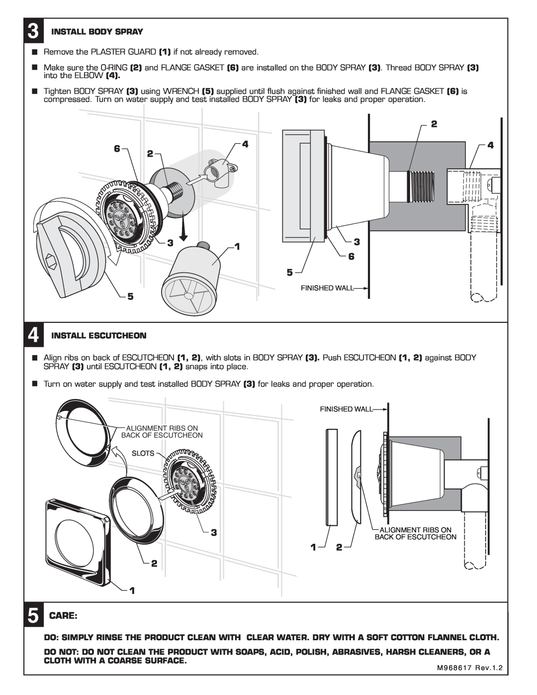 American Standard 1660.13, 1660.14 installation instructions Care, Install Body Spray, Install Escutcheon 