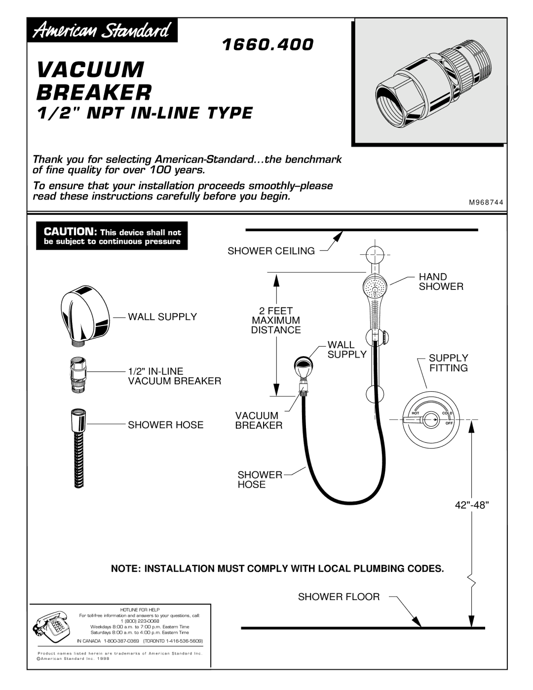 American Standard 1660.400 manual Vacuum Breaker, NPT IN-LINE Type 