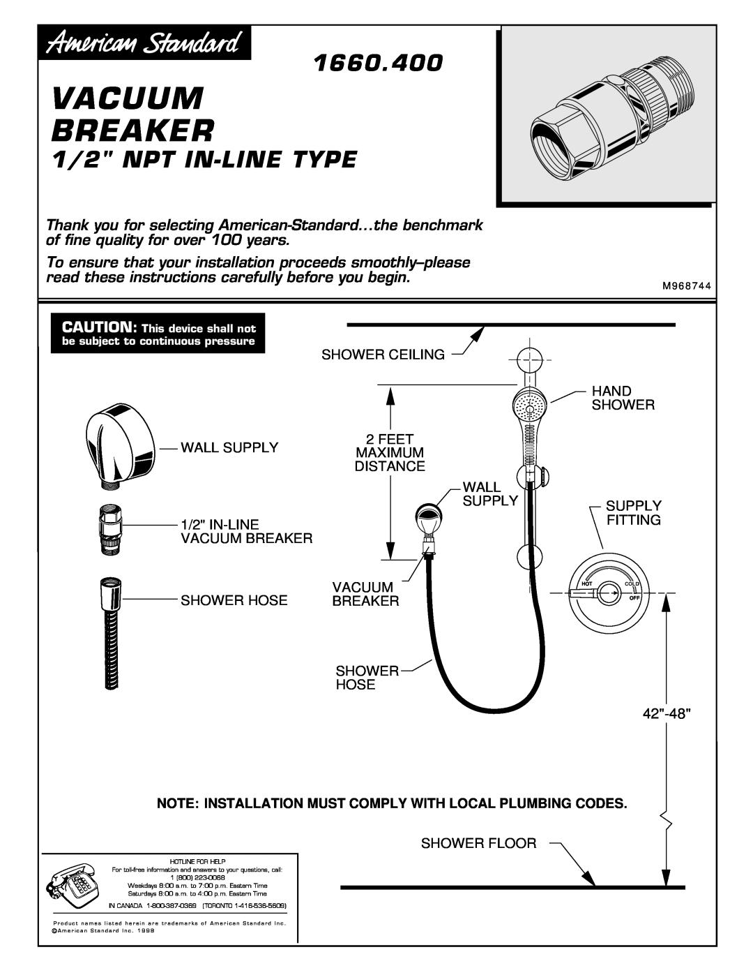 American Standard 1660.400 manual Vacuum Breaker, 1/2 NPT IN-LINETYPE 