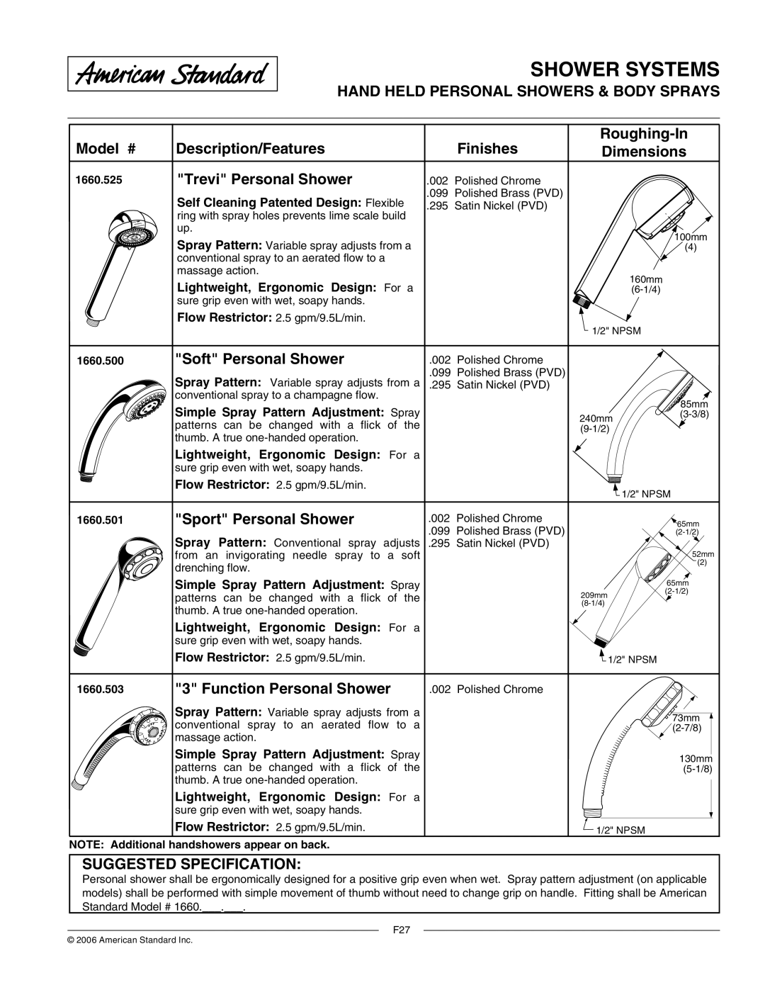 American Standard 1660.525, 1660.503 dimensions Hand Held Personal Showers & Body Sprays, Suggested Specification 
