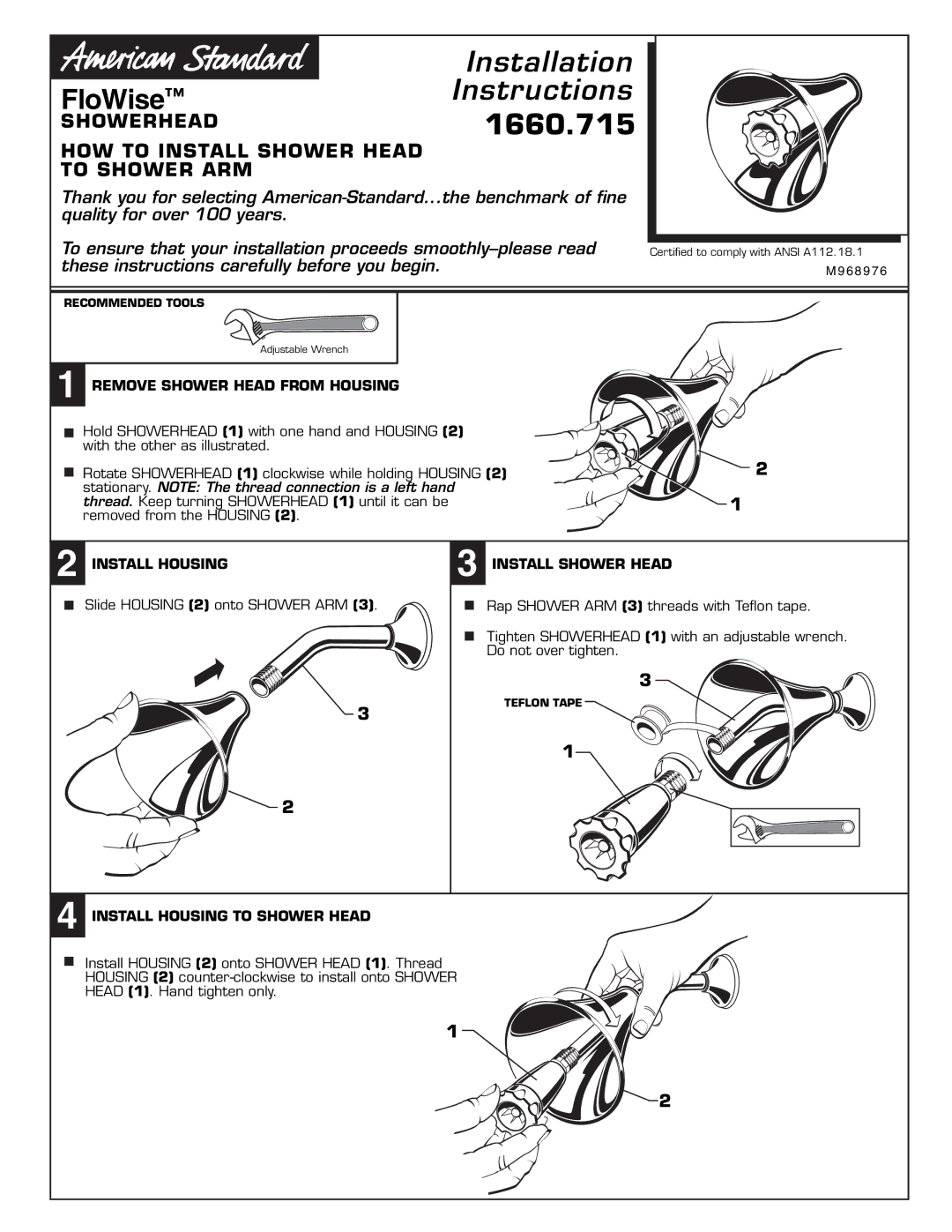 American Standard 1660.715 installation instructions FloWise, HOW to Install Shower Head To Shower ARM 