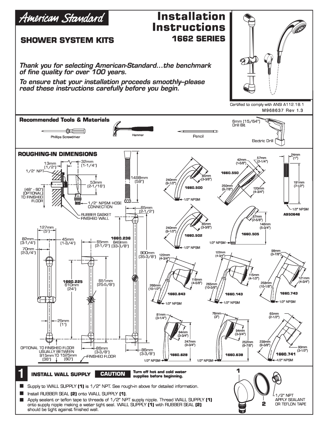 American Standard 1662 installation instructions Installation, Instructions, Shower System Kits, Series 