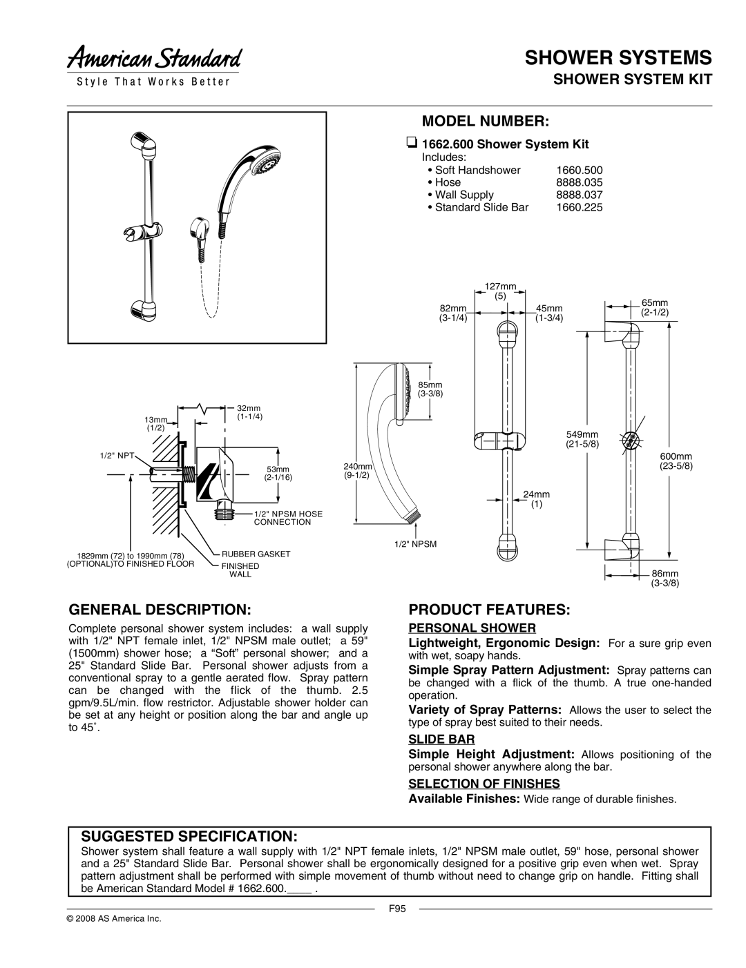 American Standard 1662.600 specifications Shower System KIT, Model Number, General Description 