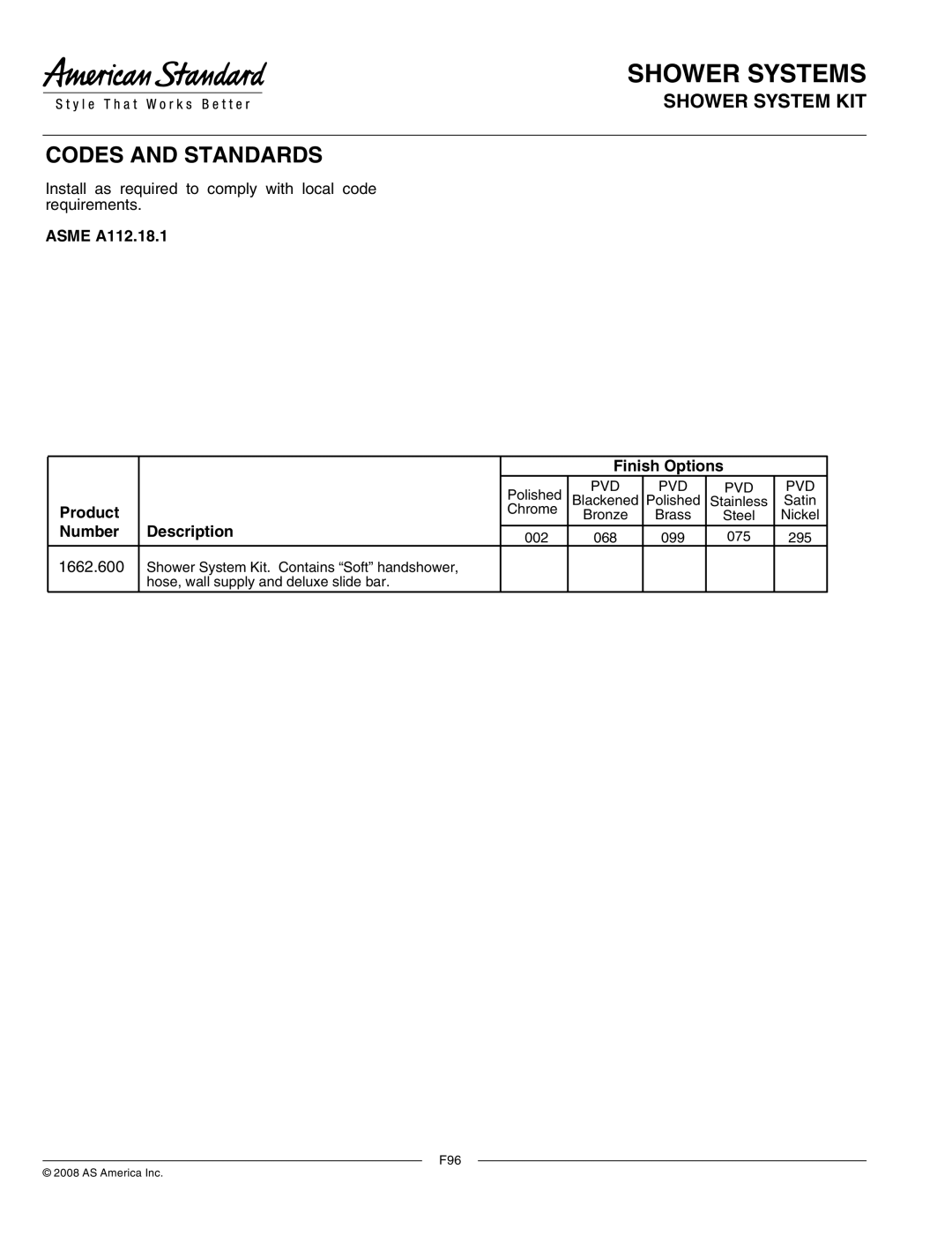 American Standard 1662.600 specifications Asme A112.18.1 Finish Options, Product, Number Description 