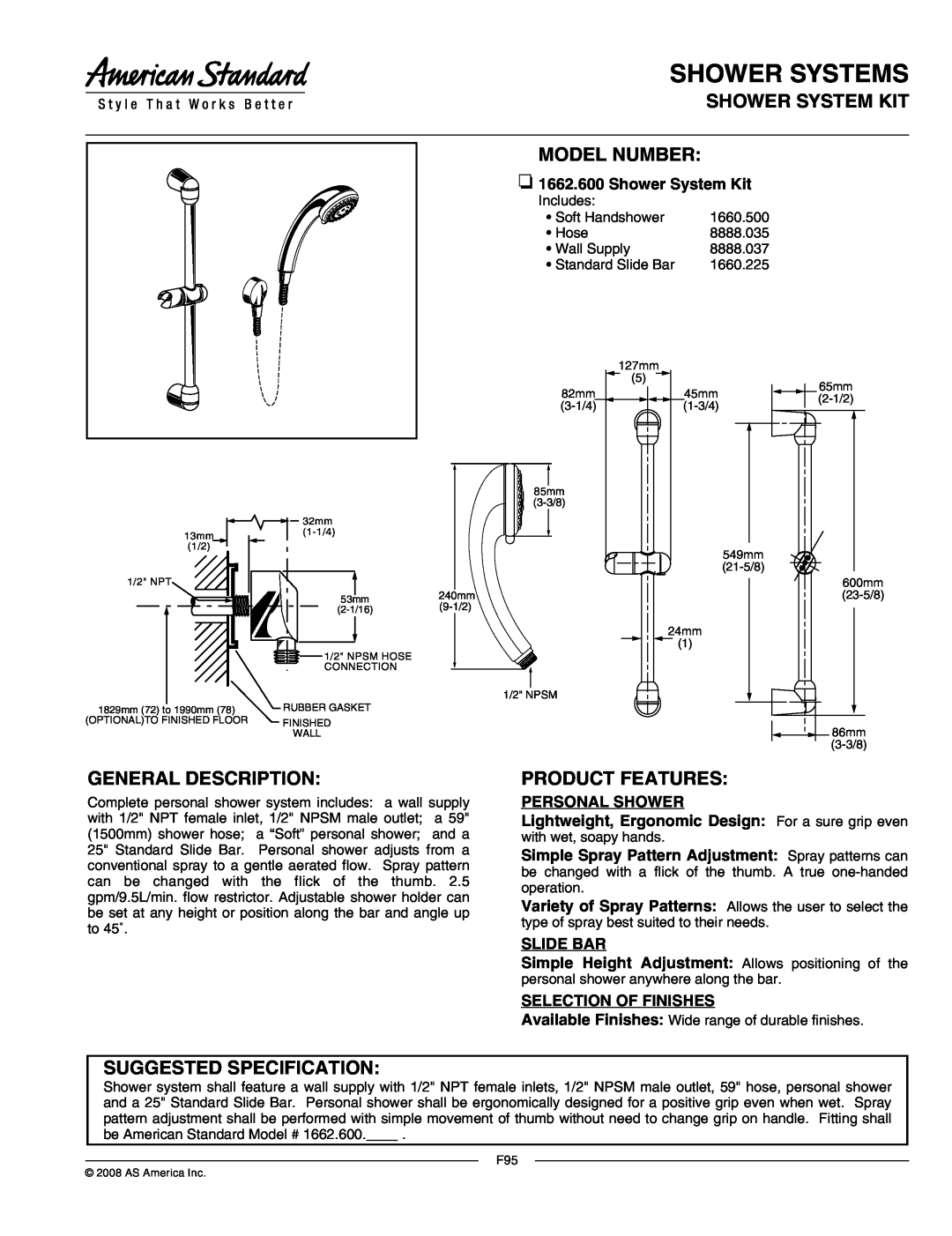American Standard 1662.600 specifications Shower Systems, Shower System Kit, Model Number, General Description, Slide Bar 