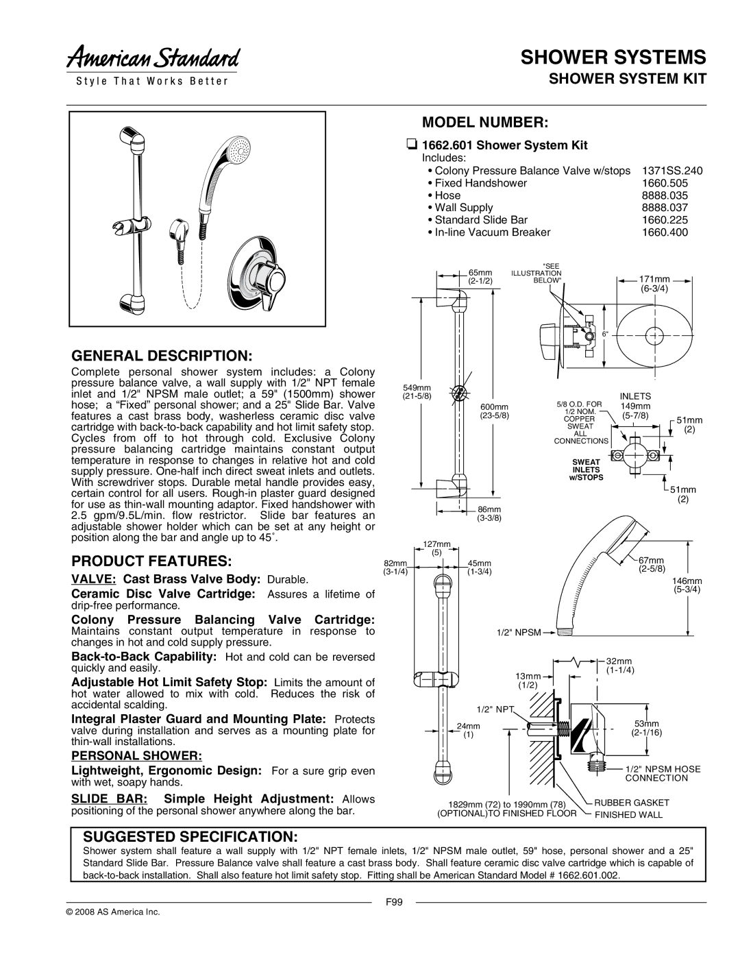 American Standard 1662.601 specifications Shower System KIT General Description, Product Features, Model Number 