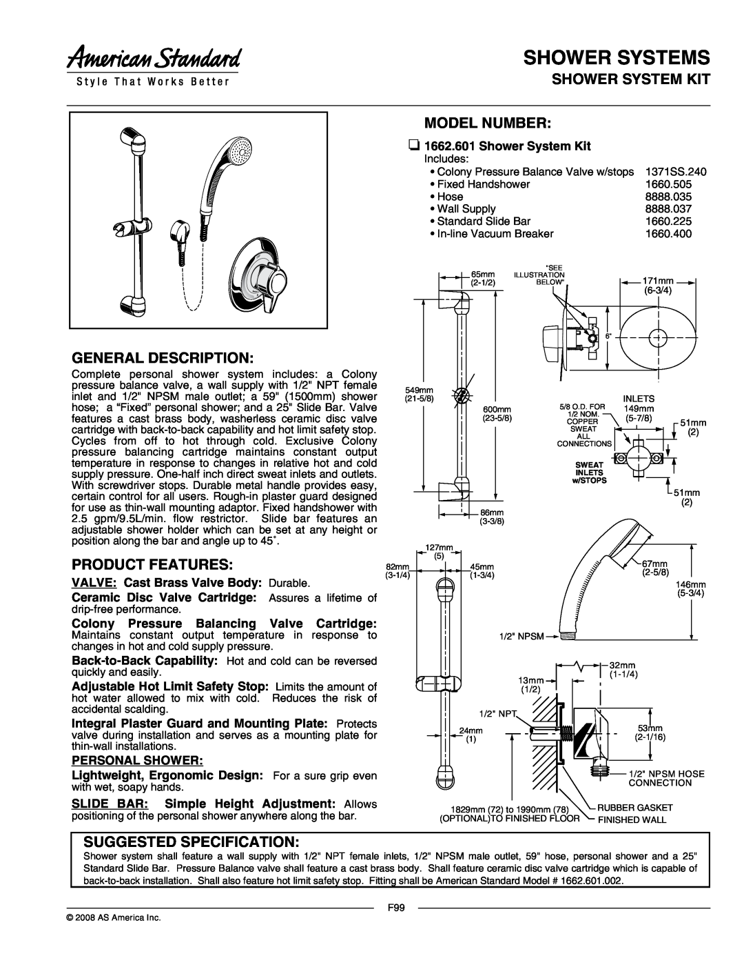American Standard 1662.601 specifications Shower Systems, Shower System Kit, General Description, Product Features 