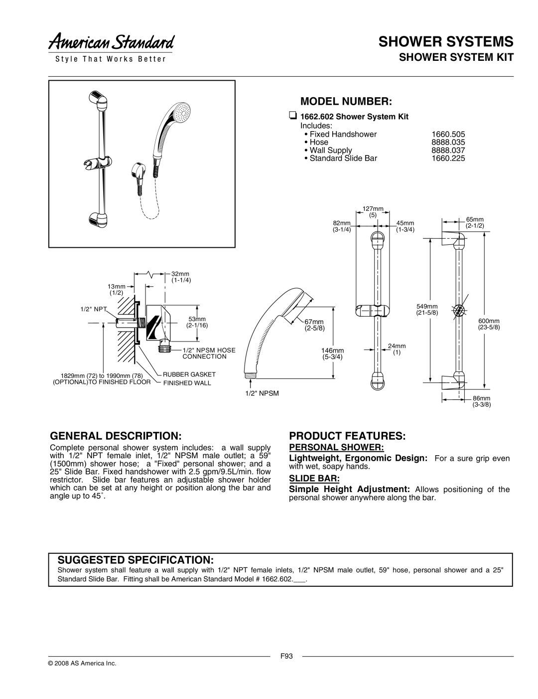 American Standard 1662.602 specifications Shower Systems, Shower System KIT Model Number, General Description 