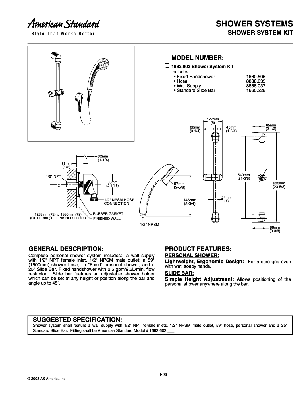 American Standard 1662.602 specifications Shower Systems, Shower System Kit Model Number, General Description, Slide Bar 