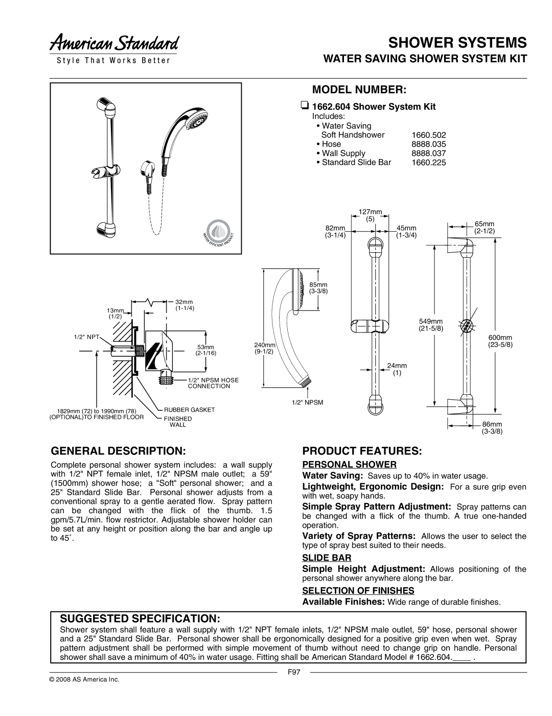 American Standard 8888.037 specifications Model Number, General Description, Suggested Specification Product Features 