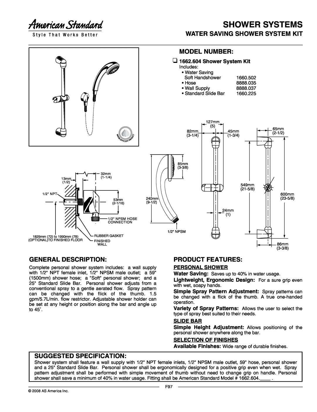 American Standard 8888.037 specifications Shower Systems, water saving SHOWER SYSTEM KIT, Model Number, Product Features 