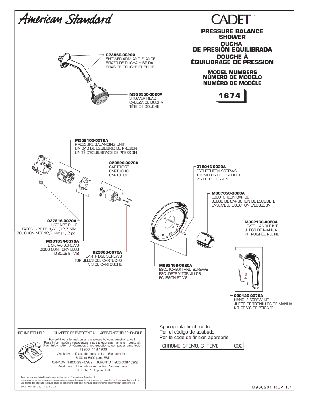American Standard 1674 manual Model Numbers Número DE Modelo Numéro DE Modèle, CHROME, CROMO, Chrome, 002 