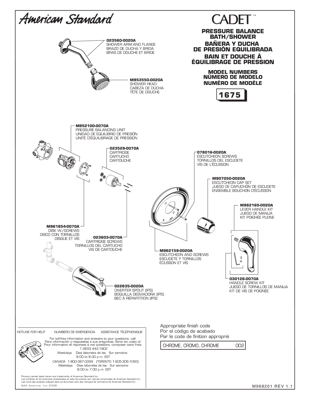 American Standard 1674 manual 1675, Model Numbers, 023529-0070A 078016-0020A, 023603-0070A, 022635-0020A 