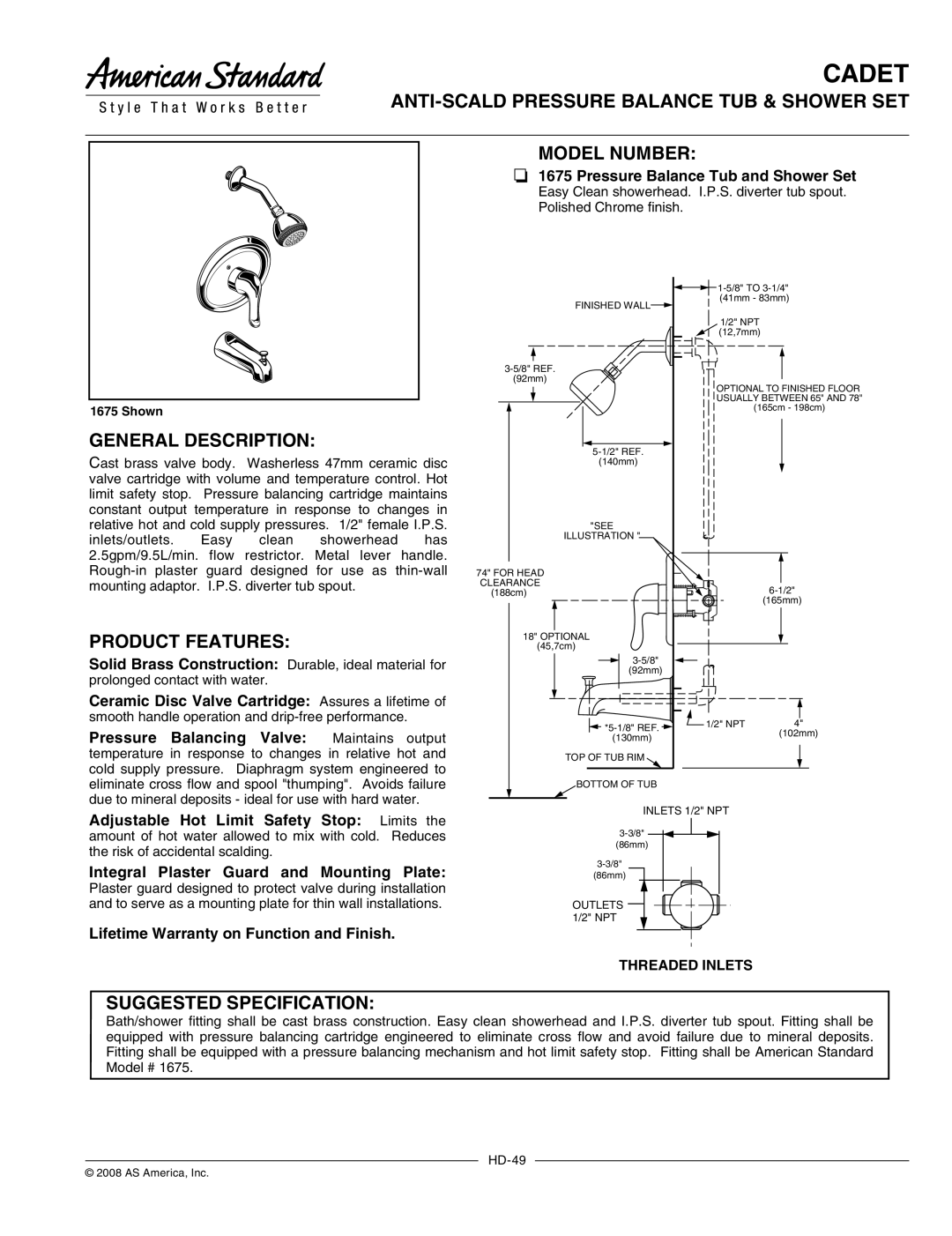 American Standard 1675 warranty Cadet, ANTI-SCALD Pressure Balance TUB & Shower SET Model Number, General Description 