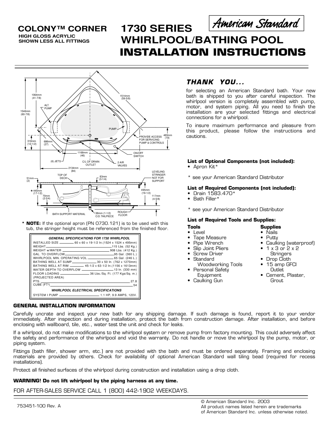 American Standard 1730 SERIES installation instructions Series WHIRLPOOL/BATHING Pool Installation Instructions 