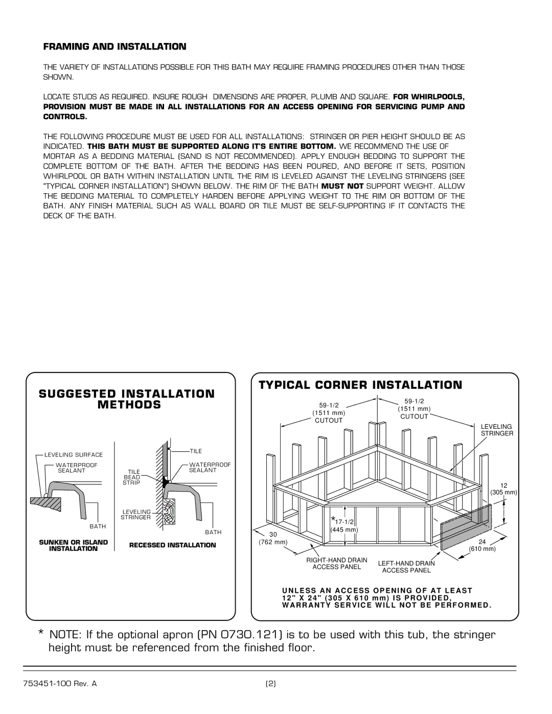 American Standard 1730 SERIES Suggested Installation Typical Corner Installation Methods, Framing and Installation 