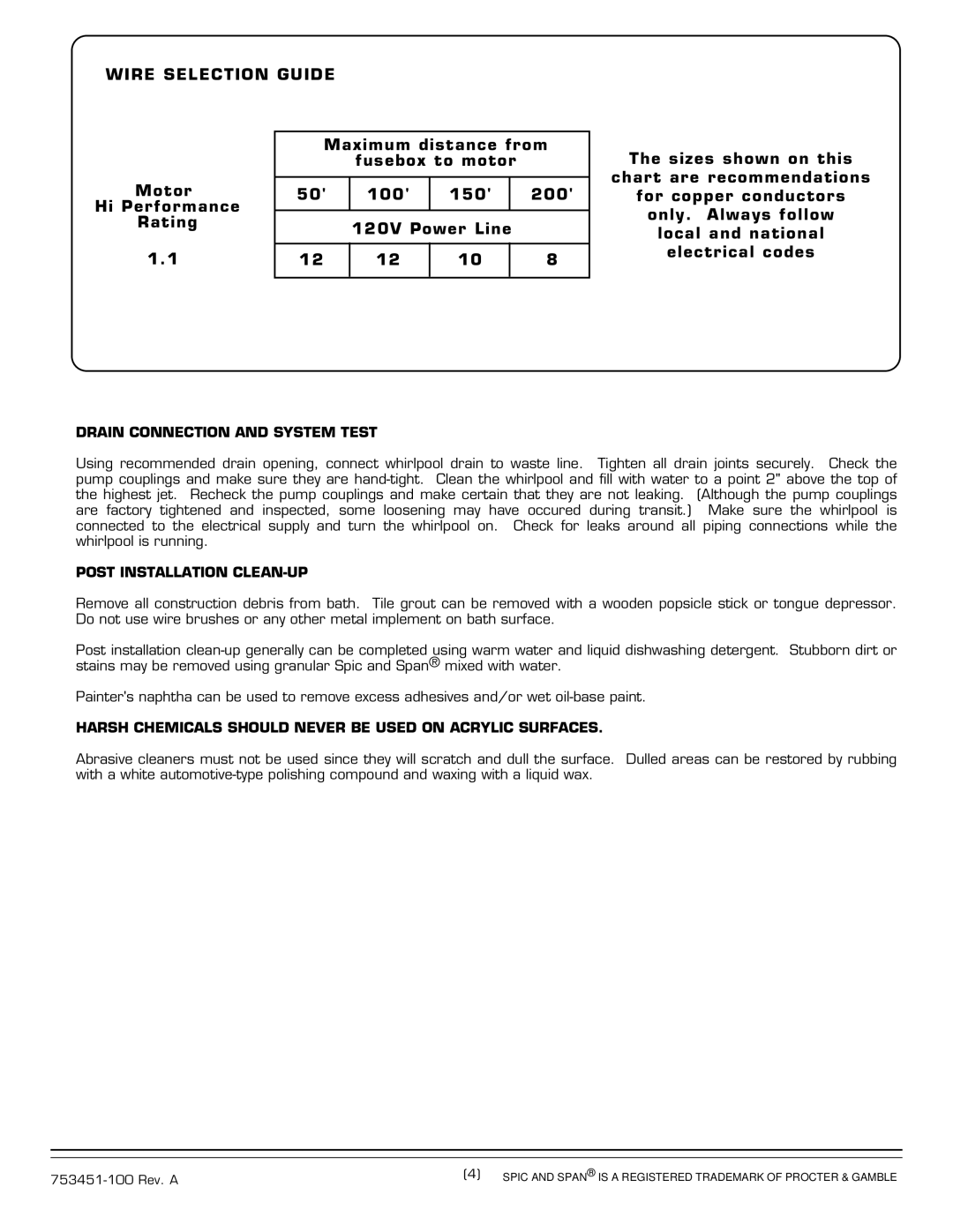 American Standard 1730 SERIES Wire Selection Guide, Drain Connection and System Test, Post Installation CLEAN-UP 