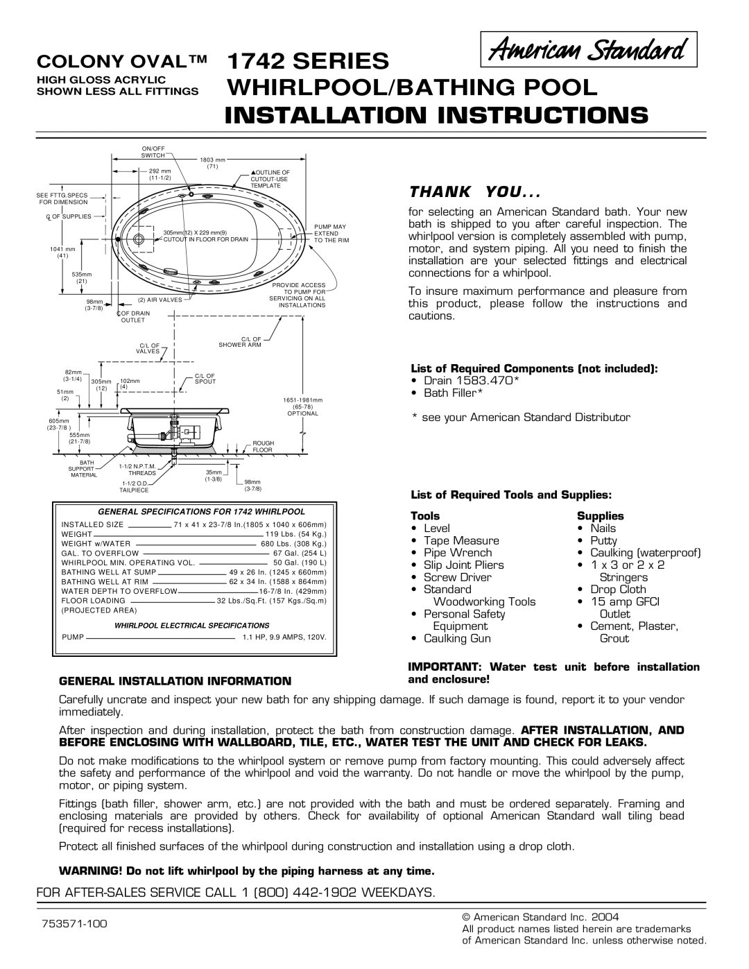 American Standard 1742 Series installation instructions General Installation Information 