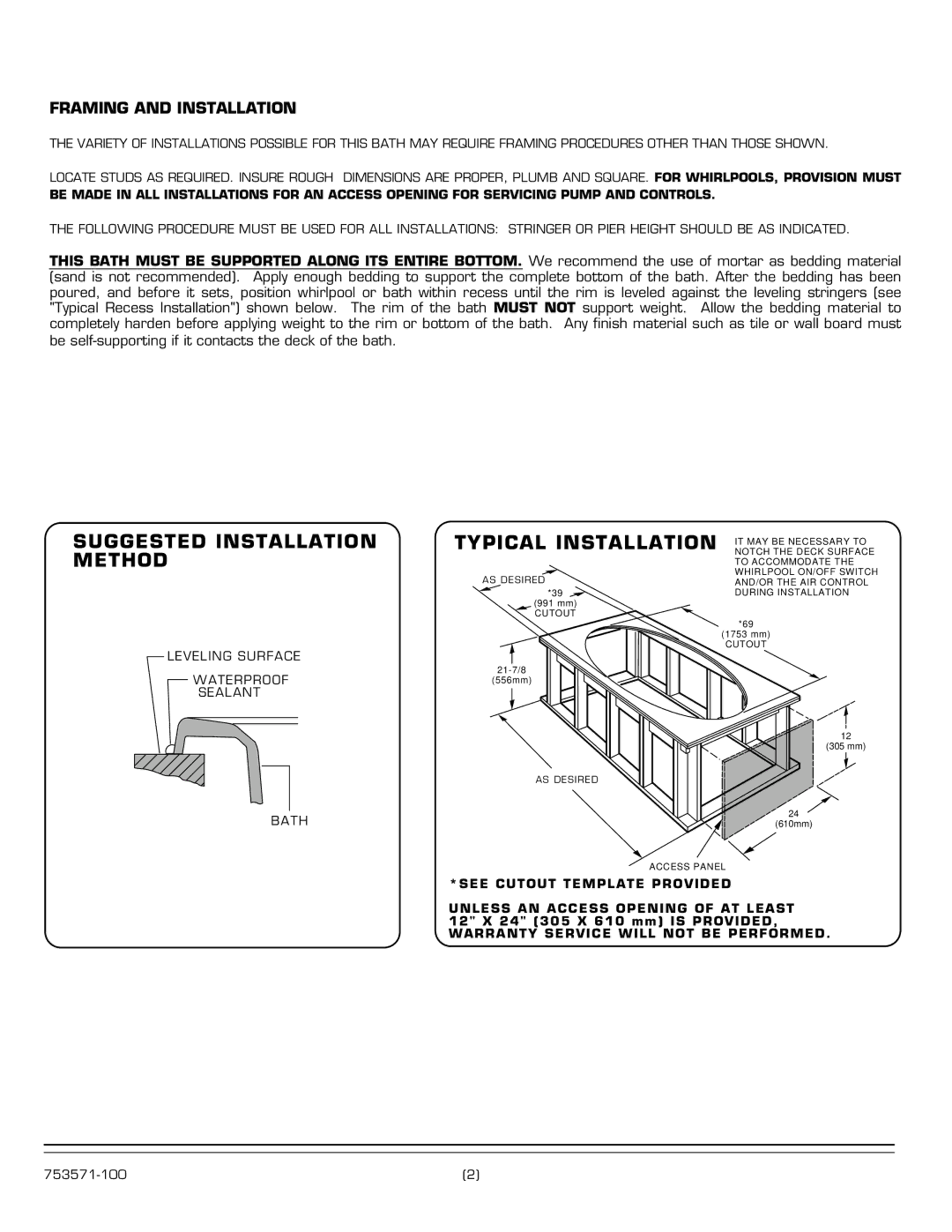 American Standard 1742 Series Suggested Installation Method, Typical Installation, Framing and Installation 