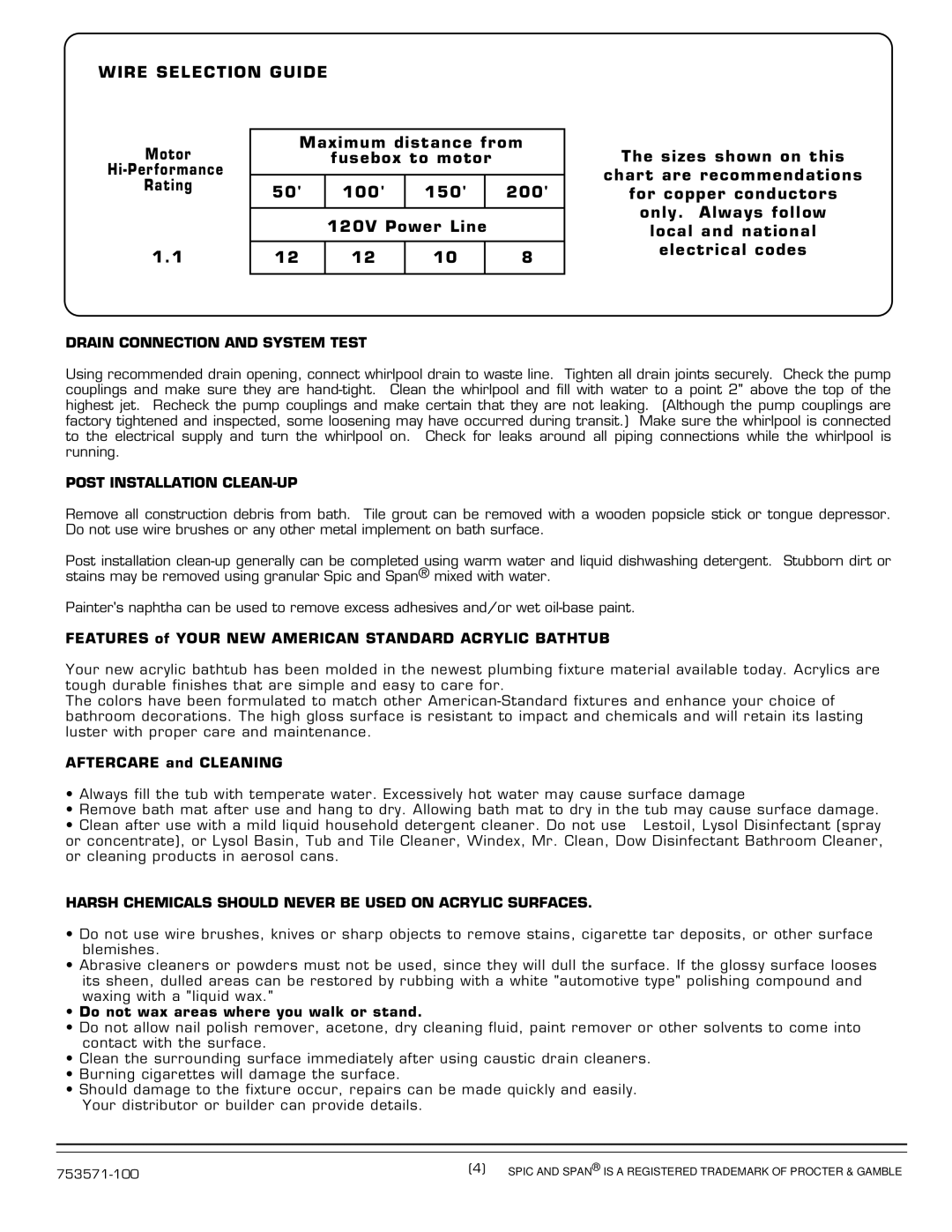 American Standard 1742 Series Wire Selection Guide, Drain Connection and System Test, Post Installation CLEAN-UP 