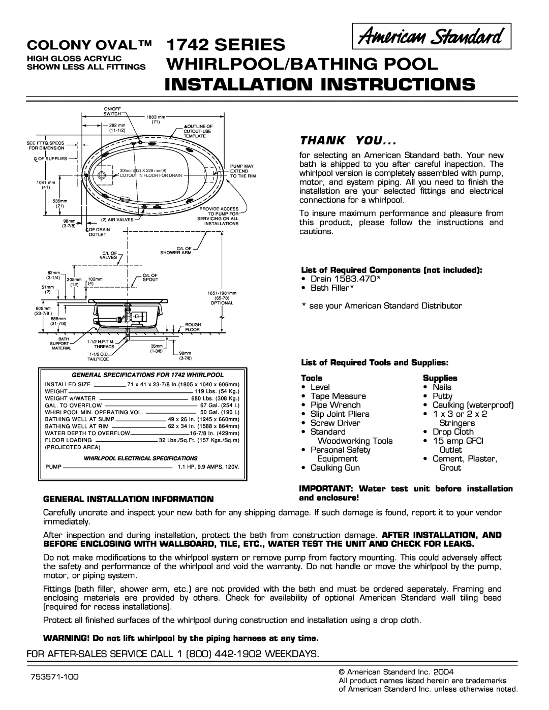 American Standard 1742 Series installation instructions Series Whirlpool/Bathing Pool, Installation Instructions, Tools 