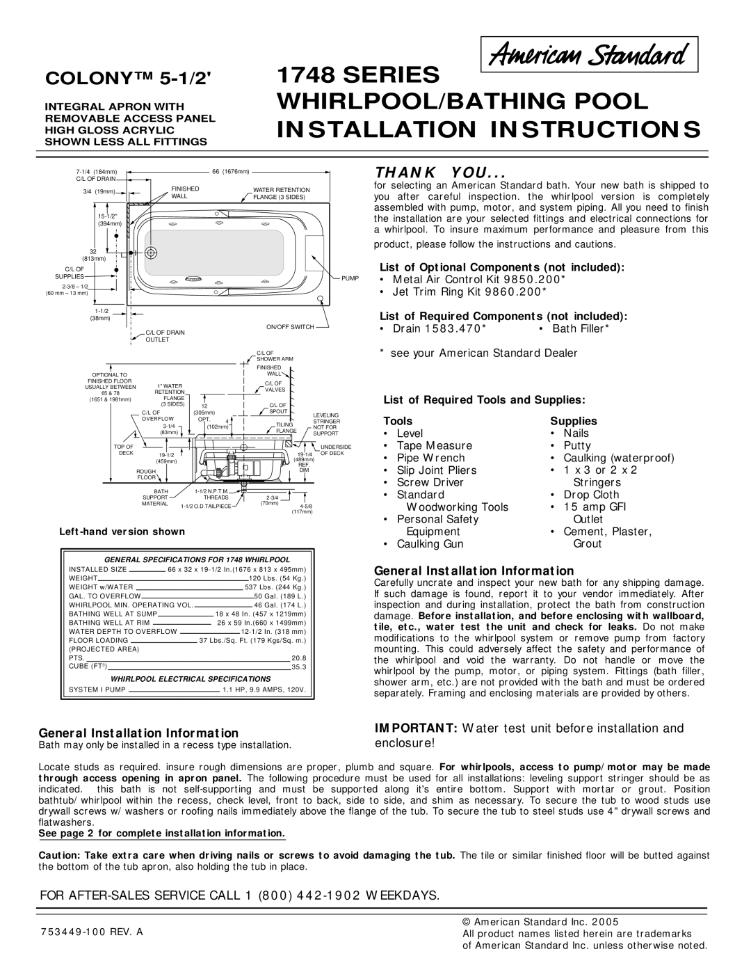 American Standard 1748 installation instructions List of Optional Components not included, Tools Supplies 