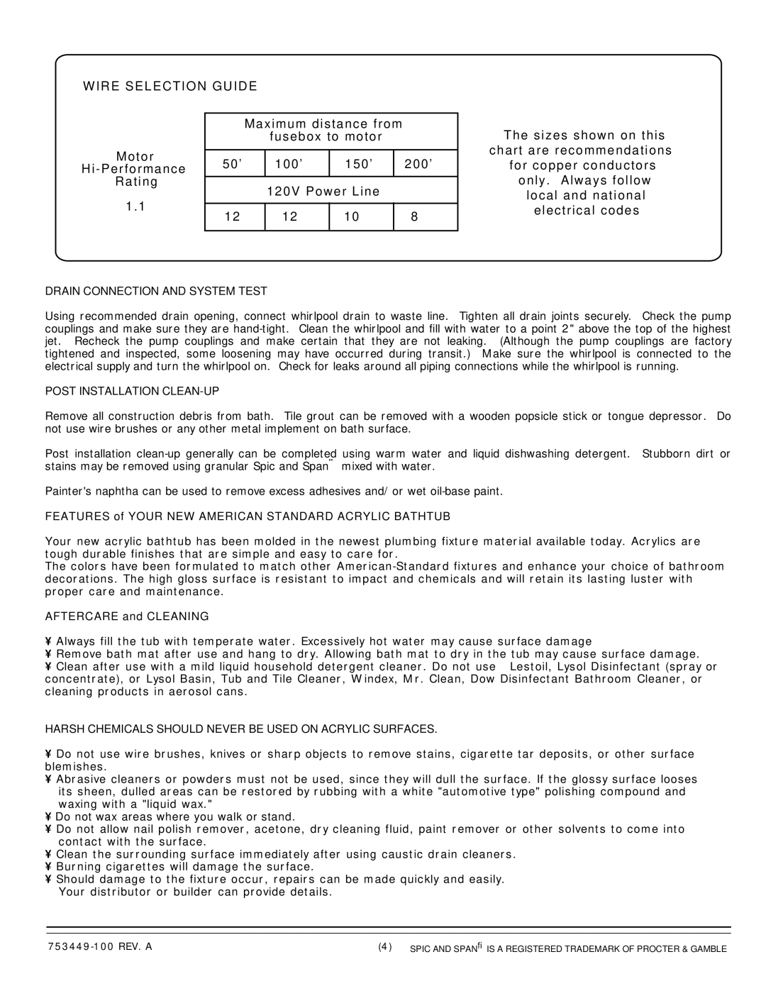 American Standard 1748 Wire Selection Guide, Drain Connection and System Test, Post Installation CLEAN-UP 