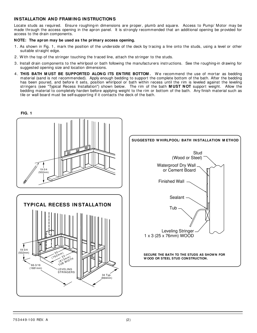 American Standard 1748 Installation And Framing Instructions, Waterproof Dry Wall or Cement Board, Stud Wood or Steel 