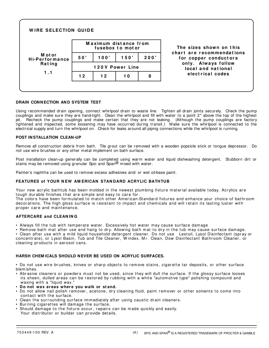American Standard 1748 Wire Selection Guide, Maximum distance from, fusebox to motor, Motor, Hi-Performance, Rating 