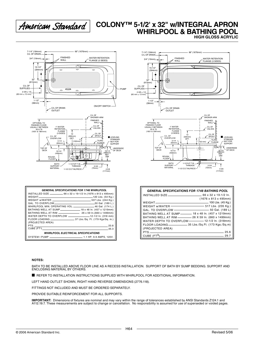 American Standard 1748.118C, 1748.202, 1748.218 Whirlpool & Bathing Pool, General Specifications for 1748 Bathing Pool 