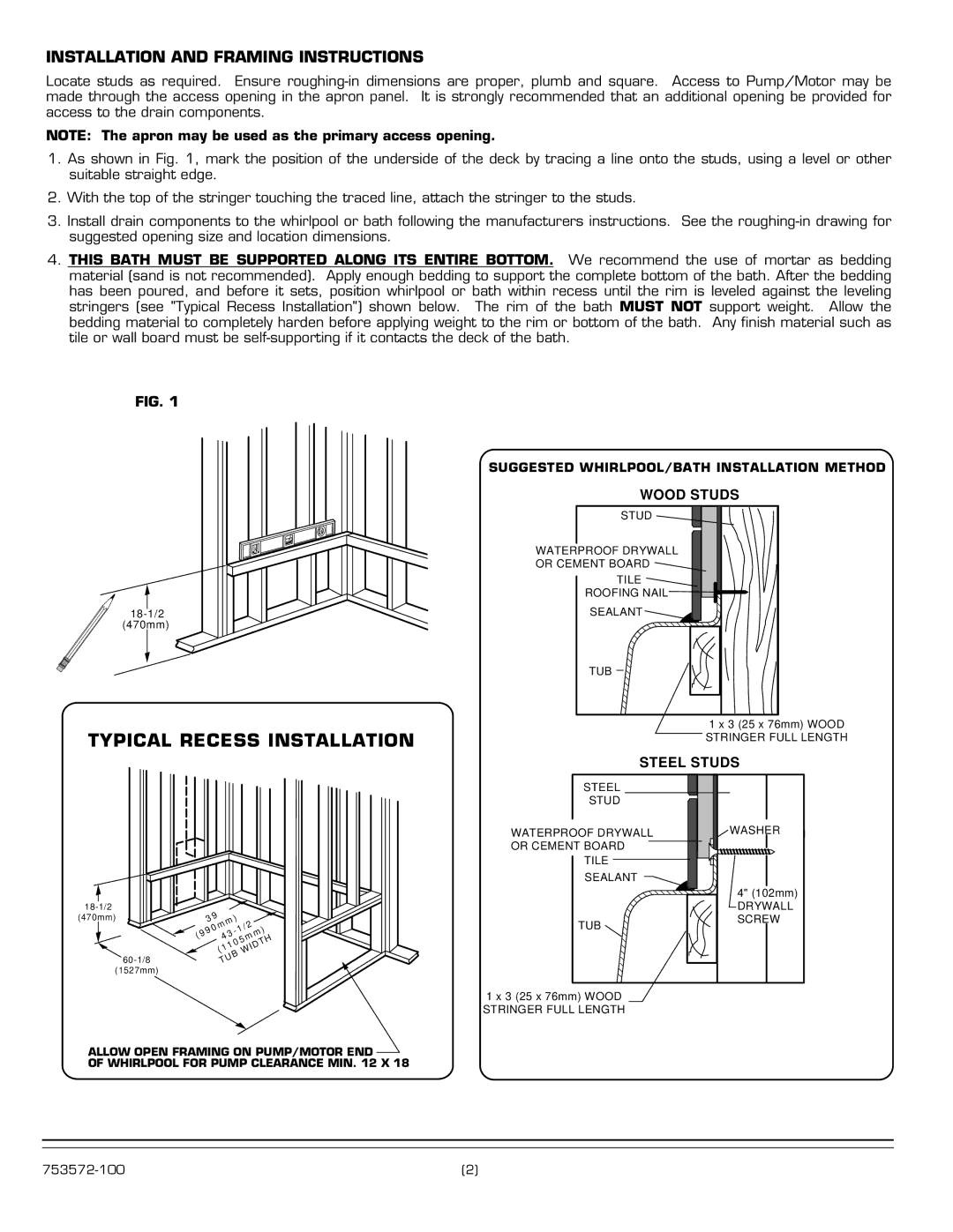 American Standard 1749 SERIES installation instructions Installation and Framing Instructions, Wood Studs, Steel Studs 