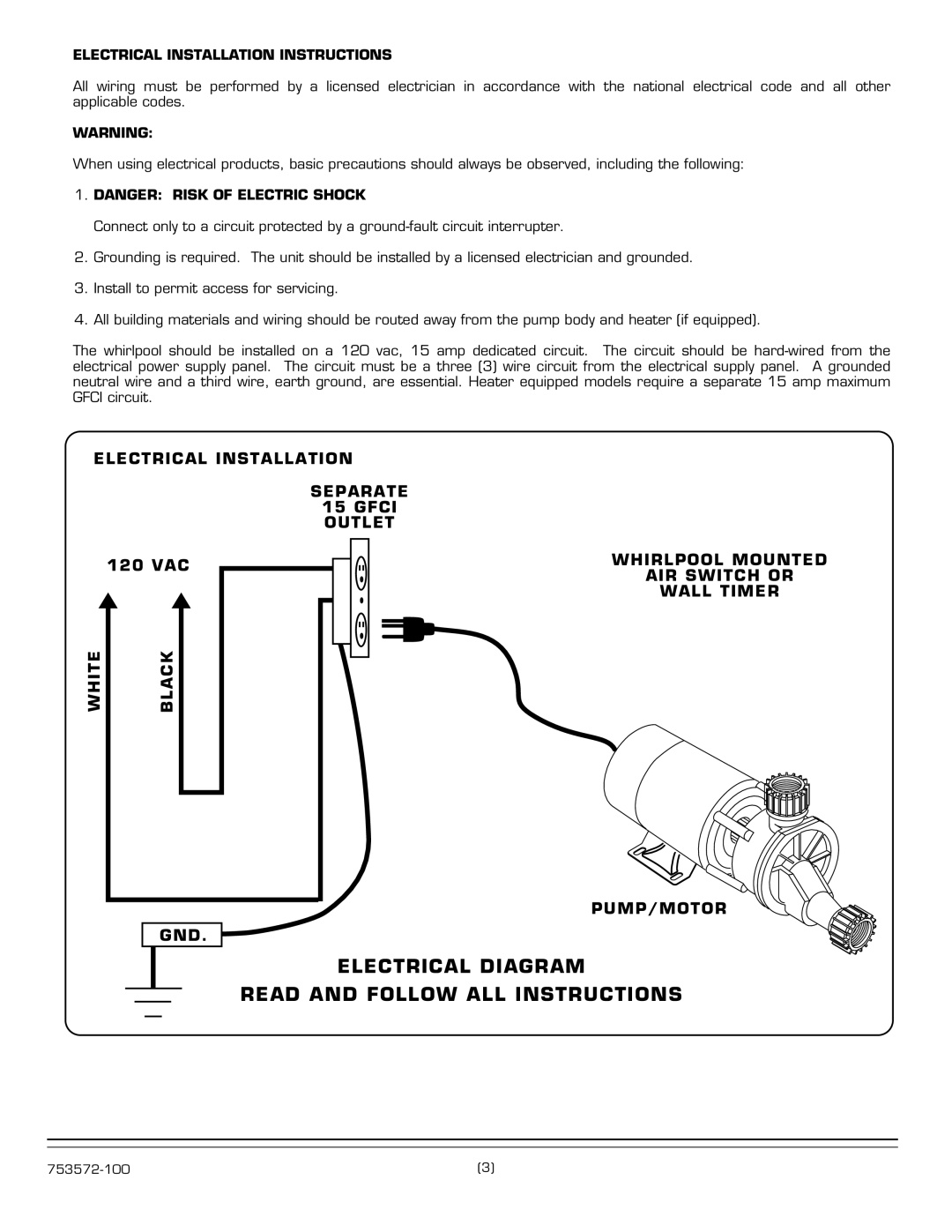 American Standard 1749 SERIES Electrical Installation Separate Gfci Outlet, Whirlpool Mounted, AIR Switch or, Wall Timer 