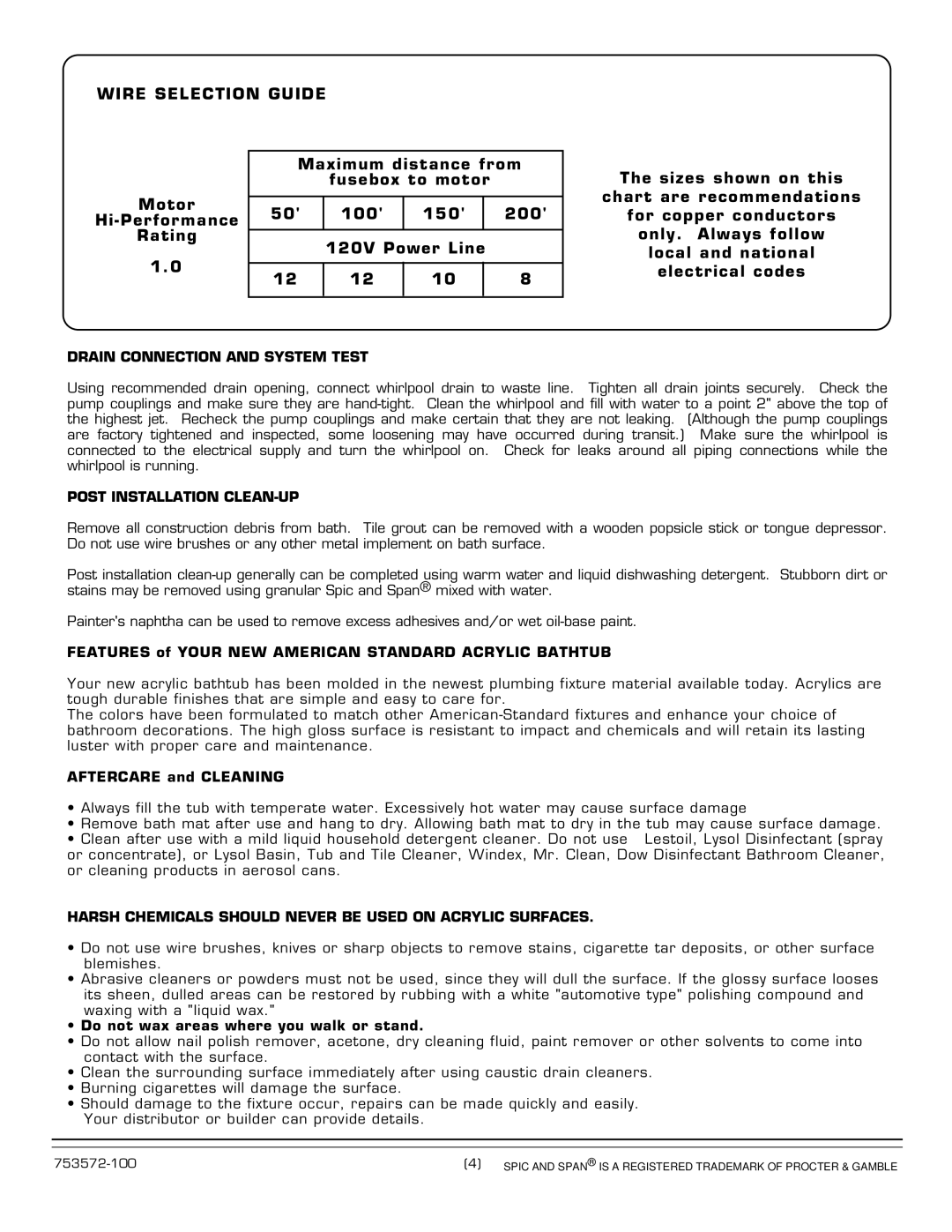 American Standard 1749 SERIES Wire Selection Guide, Drain Connection and System Test, Post Installation CLEAN-UP 