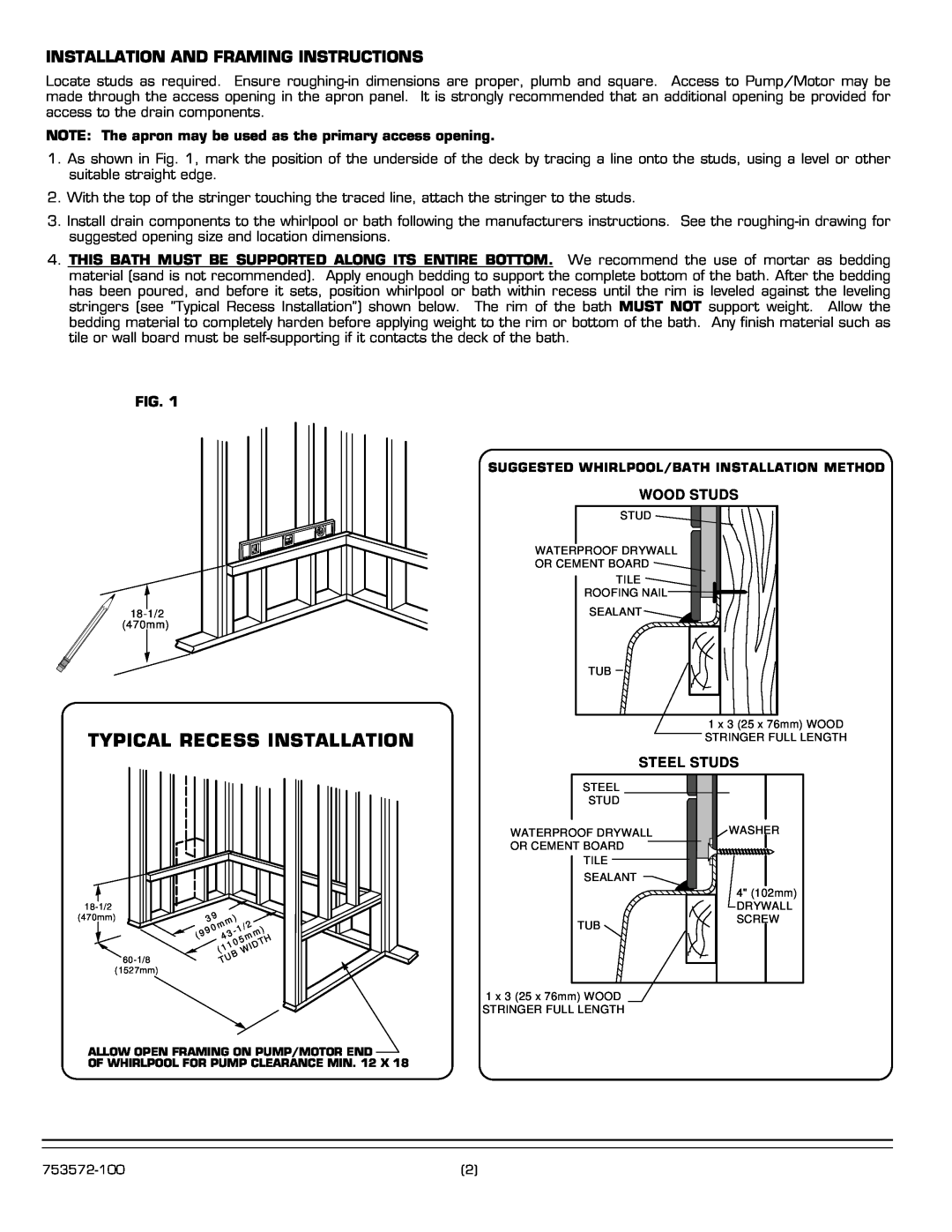 American Standard 1749 SERIES Installation And Framing Instructions, Wood Studs, Steel Studs, Typical Recess Installation 