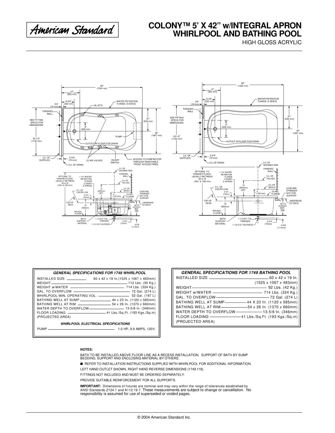 American Standard 1749.202 General Specifications for 1749 Bathing Pool, General Specifications for 1749 Whirlpool 