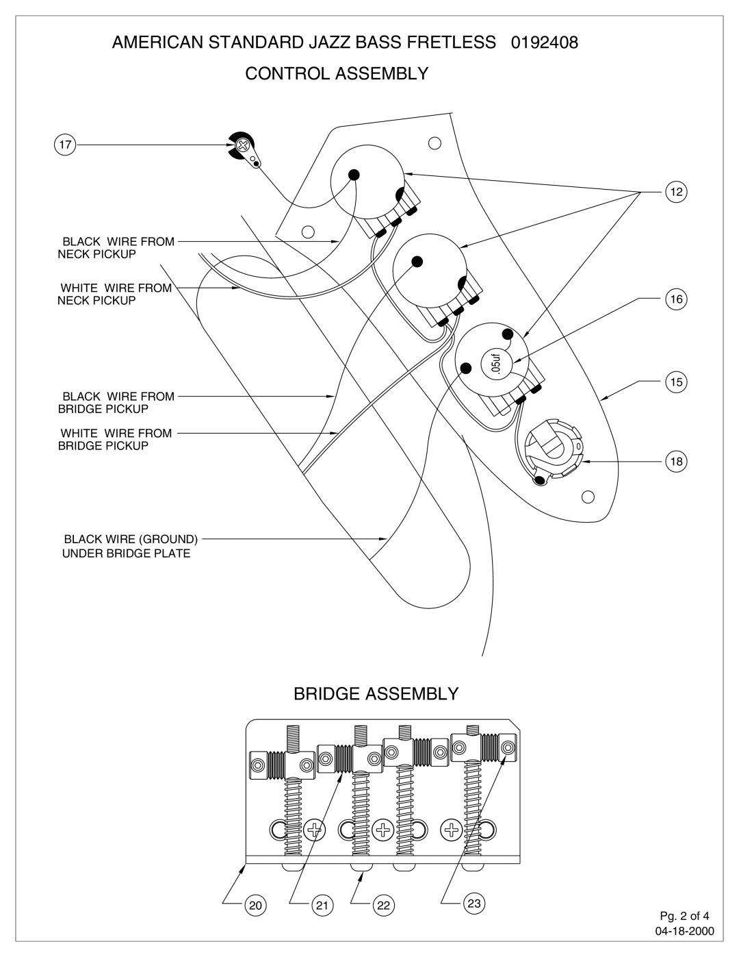 American Standard 192408 manual American Standard Jazz Bass Fretless, Control Assembly, Bridge Assembly 