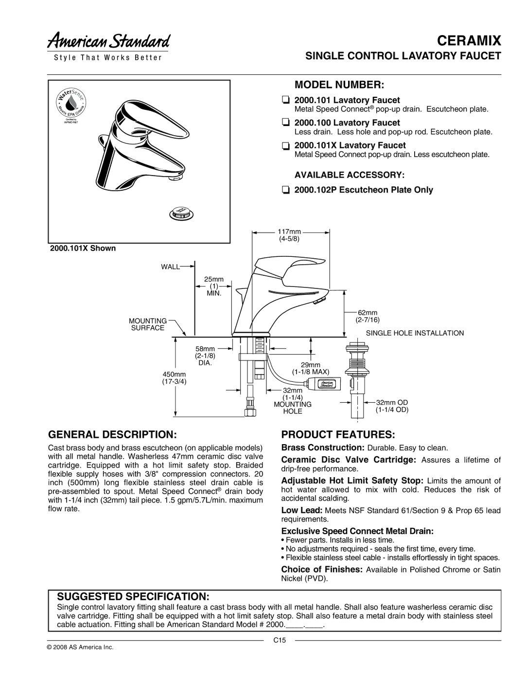 American Standard 2000.101, 2000.100 specifications Single Control Lavatory Faucet Model Number, General Description 