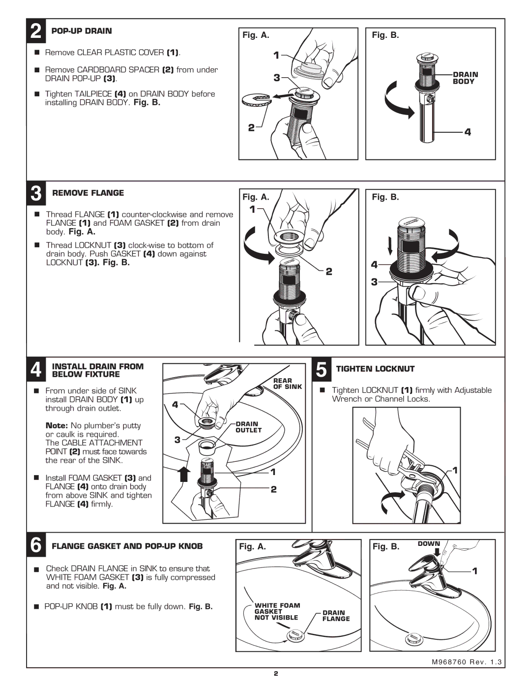 American Standard 2000.10X, 2000.16X POP-UP Drain, Remove Flange, Install Drain from, Below Fixture, Tighten Locknut 