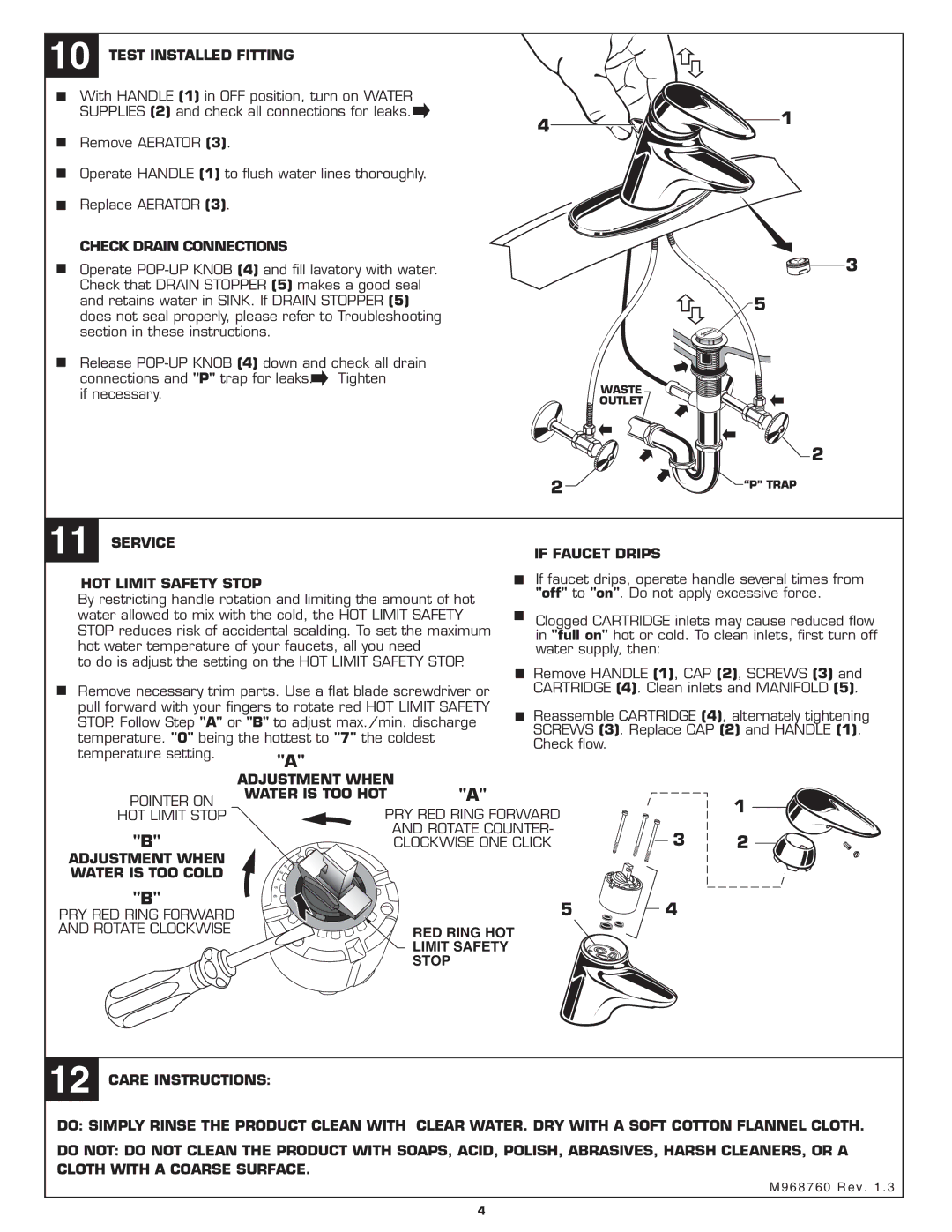 American Standard 2000.10X Test Installed Fitting, Check Drain Connections, Service HOT Limit Safety Stop, If Faucet Drips 