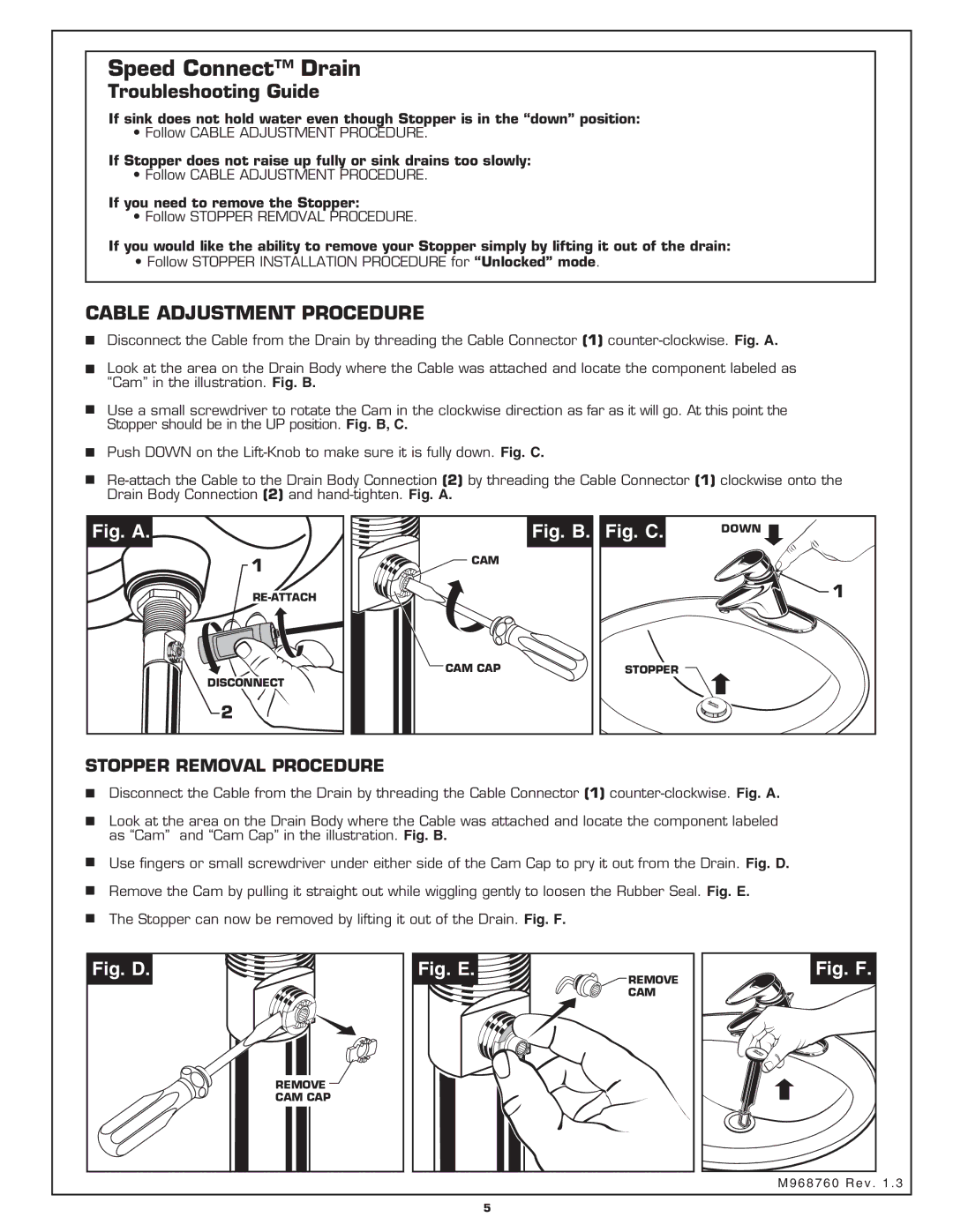 American Standard 2000.16X, 2000.10X installation instructions Troubleshooting Guide, Cable Adjustment Procedure 