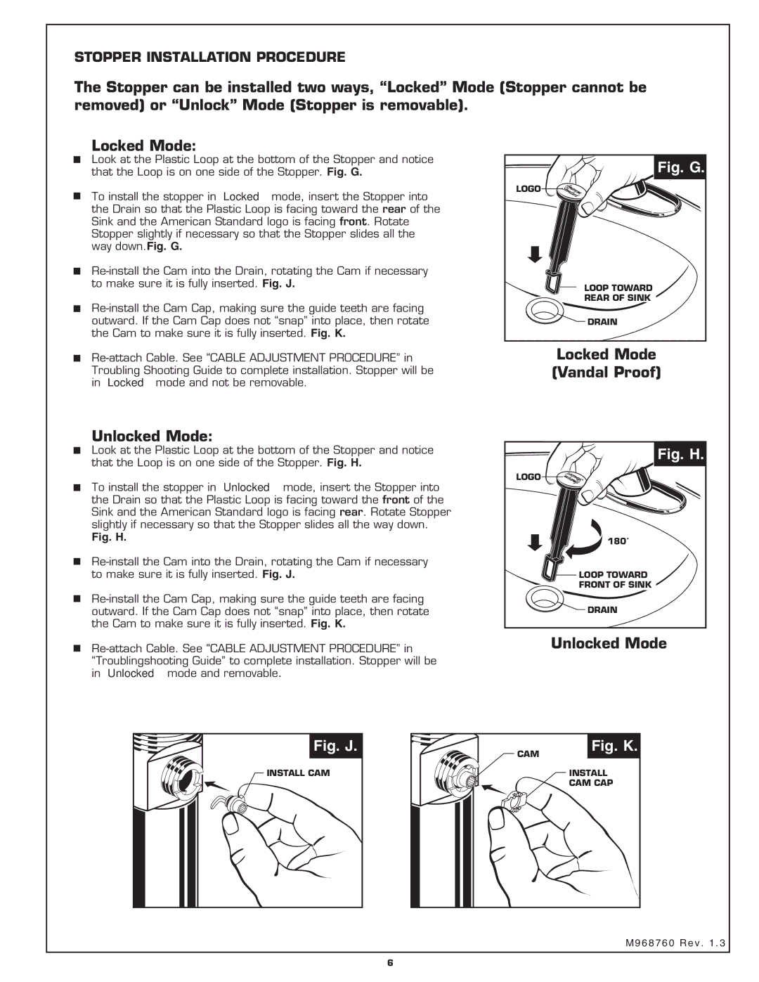 American Standard 2000.10X, 2000.16X installation instructions Unlocked Mode, Locked Mode Vandal Proof 