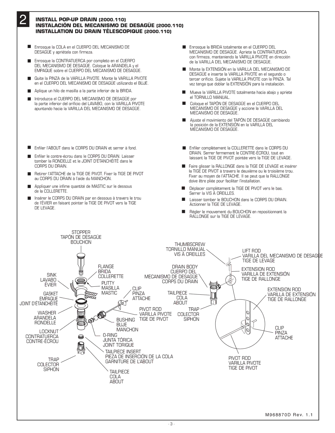 American Standard 2000.110 Install POP-UP Drain, Instalación DEL Mecanismo DE Desagüe, Installation DU Drain Télescopique 