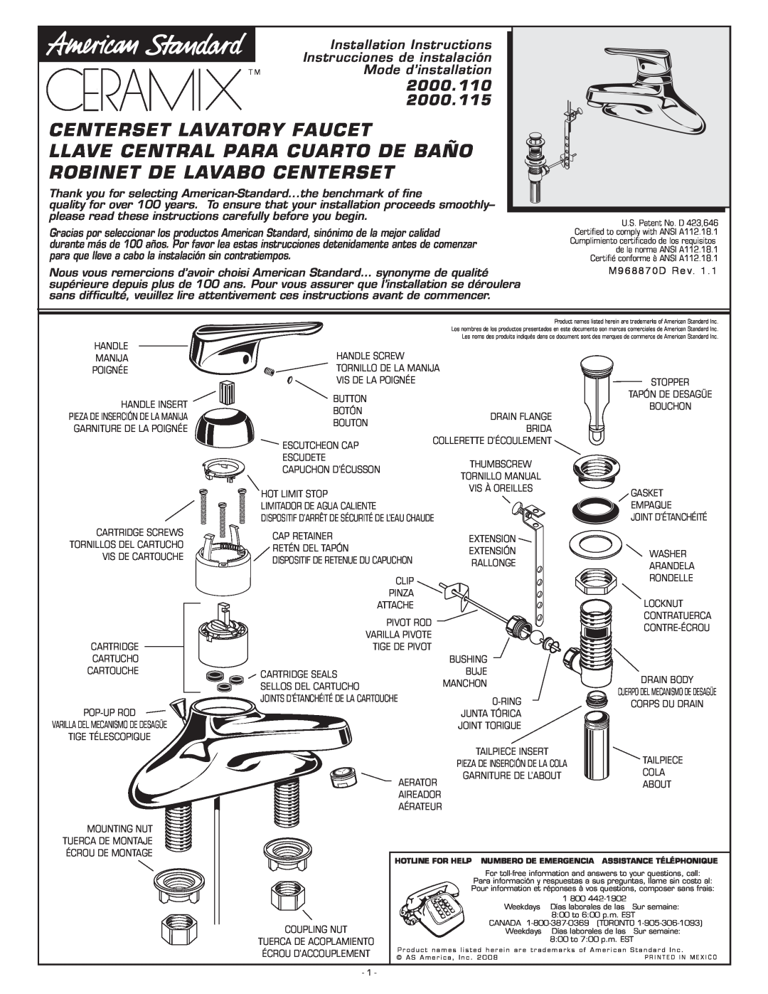 American Standard 2000.110 installation instructions Centerset Lavatory Faucet, 2000.115, Installation Instructions 
