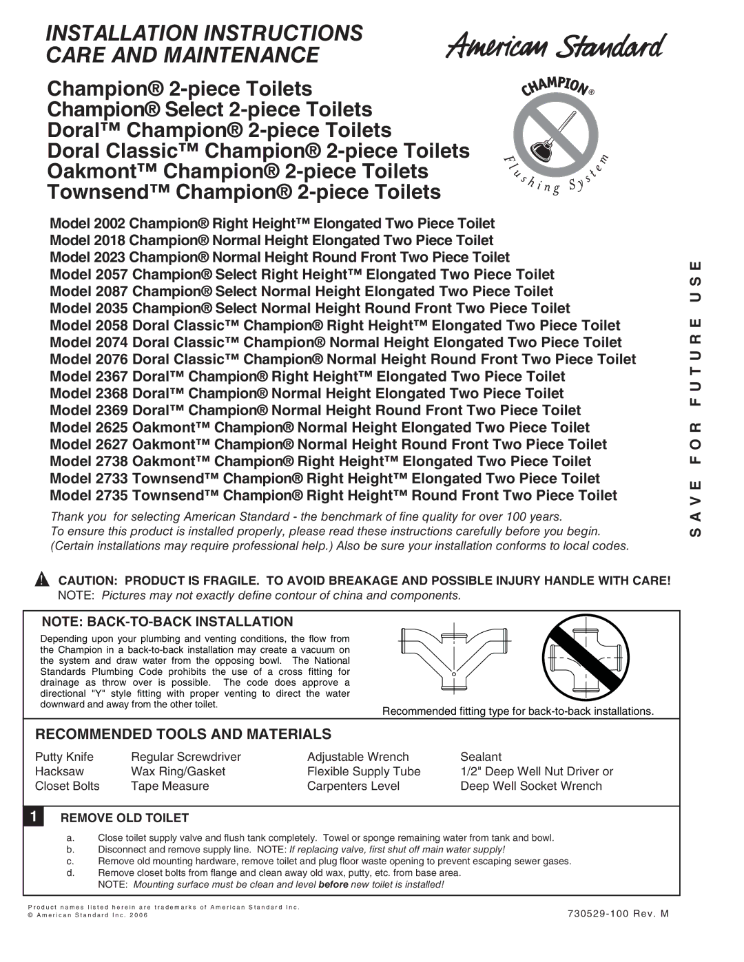 American Standard 2076, 2002 installation instructions Recommended Tools and Materials, V E F O R F U T U R E U S E 